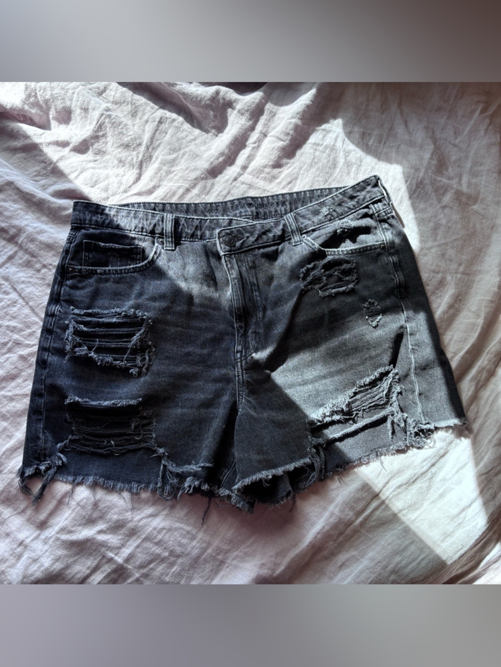 American Eagle High-Waisted Crossover Distressed Black Denim Cutoff Mom Shorts